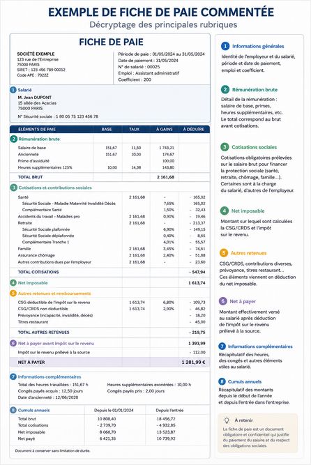 Exemple de fiche de paie commenté : décryptage ligne par ligne